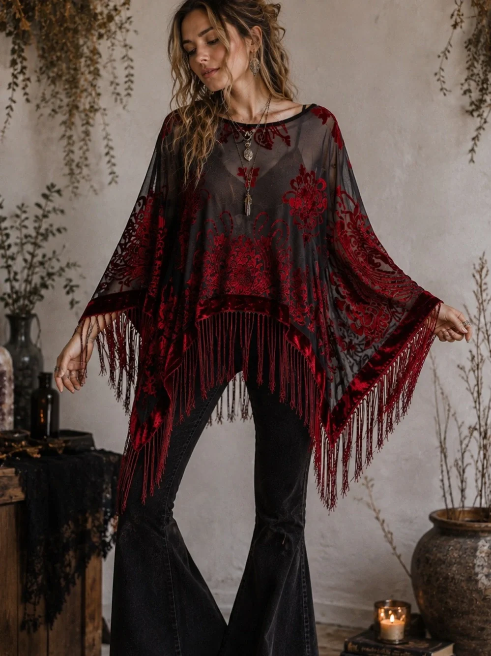 Whimsigoth Burnout Velvet Fringe Trim Poncho Fairy Goth Boho Hippie Black & Red